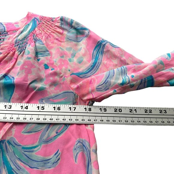 Lilly Pulitzer Elsa Blouse Top Womens XS Pink Floral Silk Split Neck Long Sleeve - Picture 10 of 10